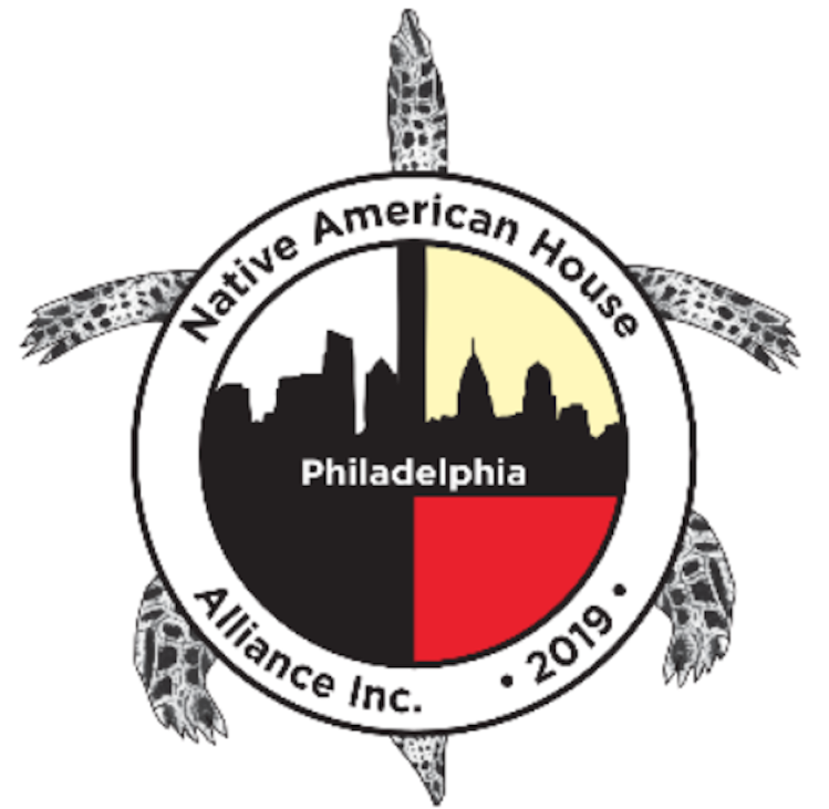 Native American House Alliance Inc. logo -- the Philly skyline in a circle encompassed by the figure of a turtle.